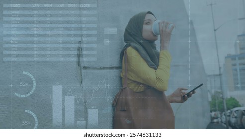 Image of financial data processing over biracial woman using smartphone. Global business, finances, computing and data processing concept digitally generated image.