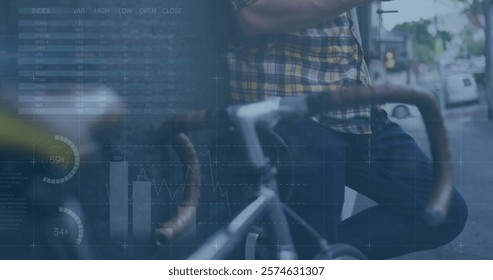 Image of financial data processing over caucasian man. global business, finances, computing and data processing concept digitally generated image.