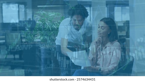 Image of financial data processing over diverse business people in office. Global finance, business, connections, computing and data processing concept digitally generated image.