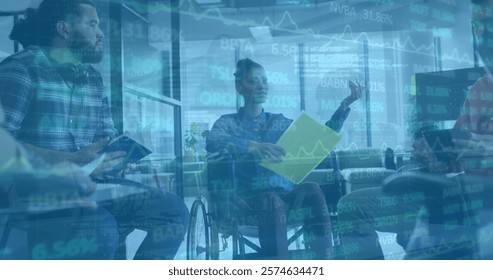 Image of financial data processing over diverse business people in office. Global finance, business, connections, computing and data processing concept digitally generated image.