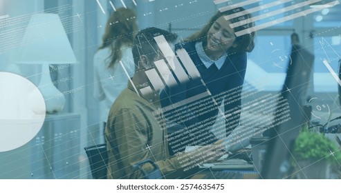 Image of financial data processing over diverse business people in office. Global finance, business, connections, computing and data processing concept digitally generated image.