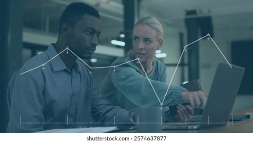 Image of financial data processing over diverse business people in office. Global finance, business, connections, computing and data processing concept digitally generated image.