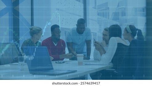 Image of financial data processing over diverse business people in office. Global finance, business, connections, computing and data processing concept digitally generated image.