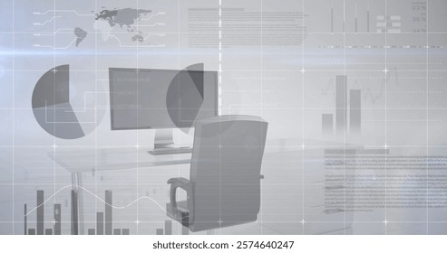 Image of financial data processing over desk with computer on white background. Global busienss, computing, finances and digital interface concept digitally generated image.