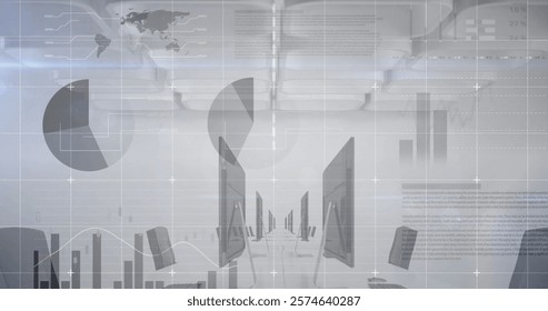 Image of financial data processing over desk with computers on white background. Global busienss, computing, finances and digital interface concept digitally generated image.