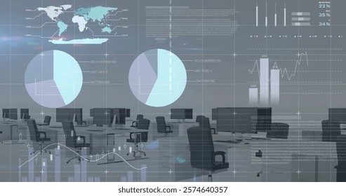 Image of financial data processing over desks with computers on white background. Global busienss, computing, finances and digital interface concept digitally generated image.