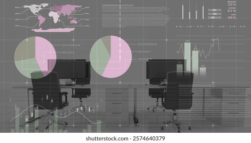 Image of financial data processing over desks with computers on white background. Global busienss, computing, finances and digital interface concept digitally generated image.