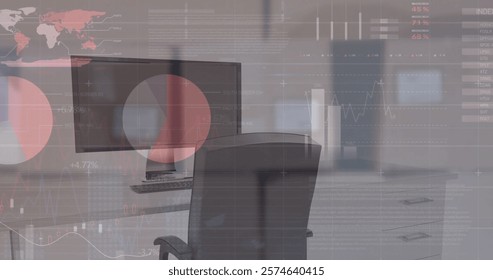 Image of financial data processing over desk with computer on white background. Global busienss, computing, finances and digital interface concept digitally generated image.