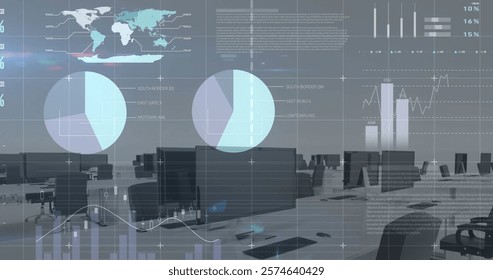 Image of financial data processing over desks with computers on white background. Global busienss, computing, finances and digital interface concept digitally generated image.