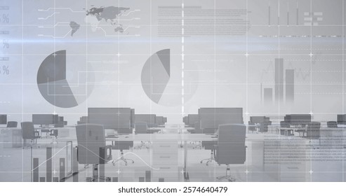 Image of financial data processing over desks with computers on white background. Global busienss, computing, finances and digital interface concept digitally generated image.