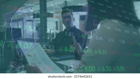 Image of financial data processing over diverse business people in office. Global finance, business, connections, computing and data processing concept digitally generated image.