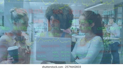 Image of financial data processing over diverse business people in office. Global finance, business, connections, computing and data processing concept digitally generated image.