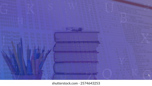 Image of financial data processing over stack of books. Global finance, business, connections, computing and data processing concept digitally generated image.