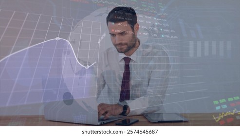 Image of financial data processing over caucasian businessman in office. Global finance, business, connections, computing and data processing concept digitally generated image.