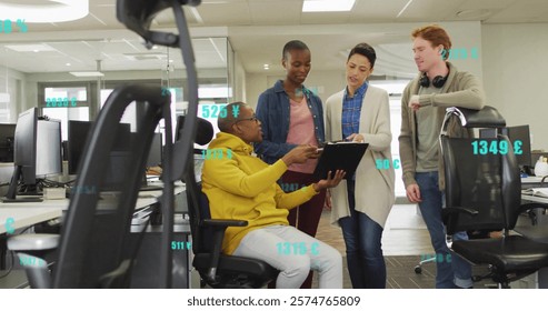 Image of financial data processing over diverse colleagues talking at casual office. Business, data, finance, teamwork, network, digital interface and communication, digitally generated image.