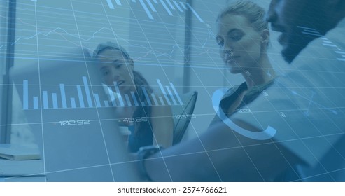Image of financial data processing over diverse business people in office. Global finance, business, connections, computing and data processing concept digitally generated image.