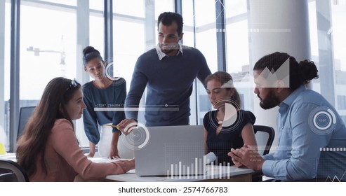 Image of financial data processing over diverse business people in office. Global finance, business, connections, computing and data processing concept digitally generated image.
