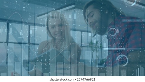 Image of financial data processing over diverse colleagues discussing work in office. Global business, finances and digital interface concept digitally generated image.