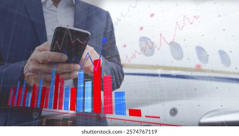 Image of financial data processing over caucasian businessman using smartphone. Global finance, business, connections, computing and data processing concept digitally generated image.