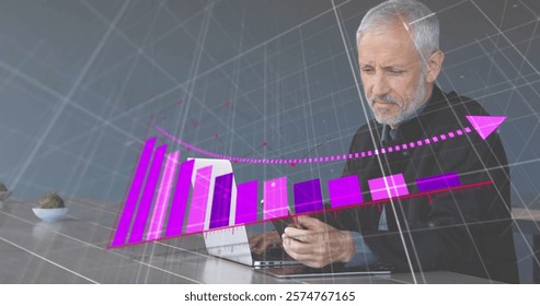 Image of financial data processing over caucasian businessman using smartphone. Global finance, business, connections, computing and data processing concept digitally generated image.