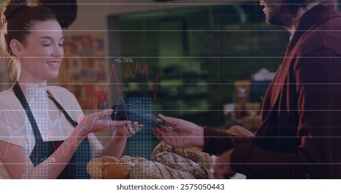 Image of financial data processing over diverse people paying with smartphone. Global business, finances, computing, communication and digital interface concept digitally generated image.