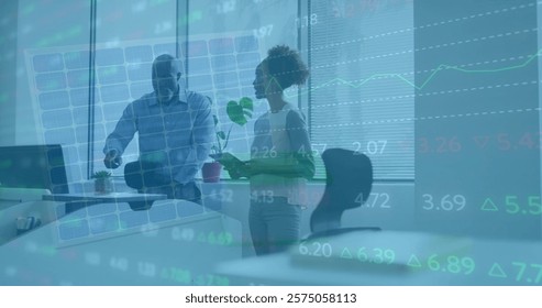 Image of financial data processing over diverse business people in office. Global finance, business, connections, computing and data processing concept digitally generated image.