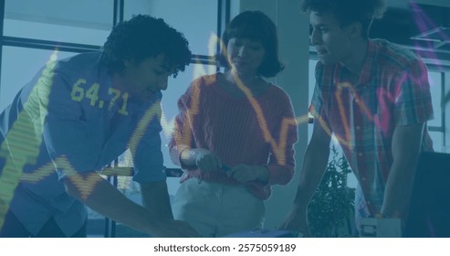 Image of financial data processing over diverse business people in office. Global finance, business, connections, computing and data processing concept digitally generated image.