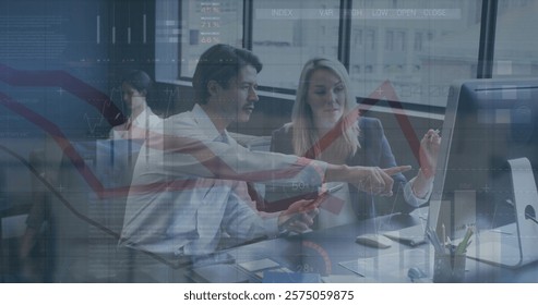 Image of financial data processing over diverse business people in office. Global finance, business, connections, computing and data processing concept digitally generated image.
