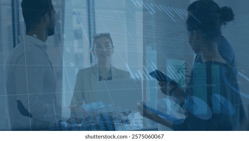 Image of financial data processing over diverse business people in office. Global finance, business, connections, computing and data processing concept digitally generated image.