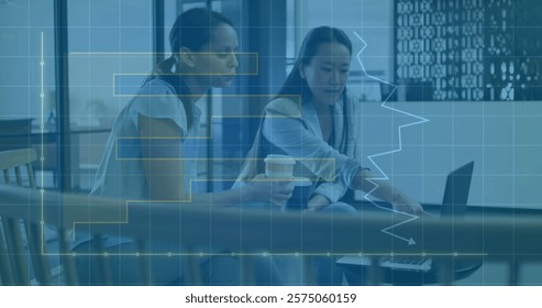 Image of financial data processing over diverse business people in office. Global finance, business, connections, computing and data processing concept digitally generated image.