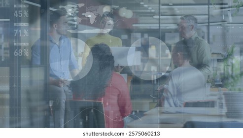 Image of financial data processing over diverse business people in office. Global finance, business, connections, computing and data processing concept digitally generated image.