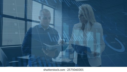 Image of financial data processing over diverse business people in office. Global finance, business, connections, computing and data processing concept digitally generated image.