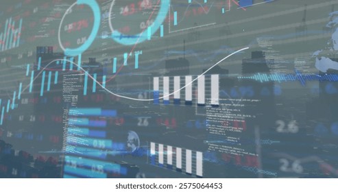 Image of financial data processing over cityscape. Global business, finances, communication and digital interface concept digitally generated image.