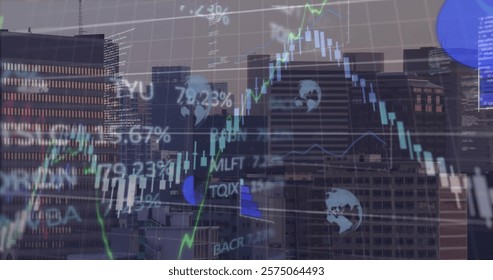 Image of financial data processing over cityscape. Global business, finances, communication and digital interface concept digitally generated image.