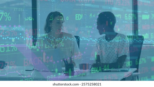 Image of financial data processing over diverse business people in office. Global finance, business, connections, computing and data processing concept digitally generated image.