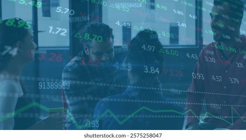 Image of financial data processing over diverse business people in office. Global finance, business, connections, computing and data processing concept digitally generated image.