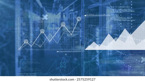 Image of financial data processing over computer severs. Global finance, business, connections, computing and data processing concept digitally generated image.