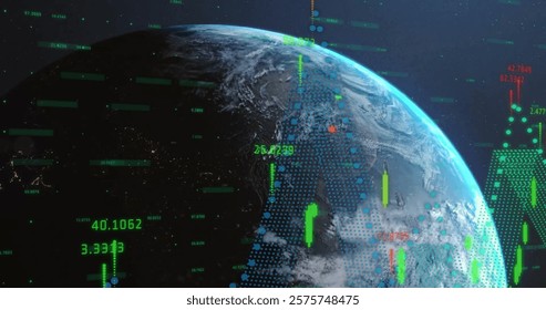 Image of financial data processing over globe. Global finance, business, connections, computing and data processing concept digitally generated image.