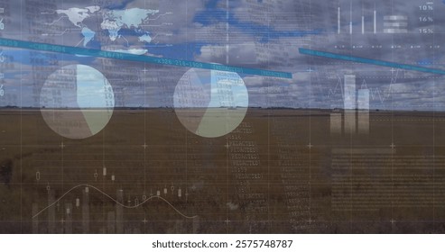 Image of financial data processing over landscape. Global finances, computing and digital interface concept digitally generated image.