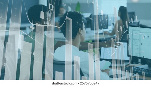 Image of financial data processing over diverse business people in office. Global finance, business, connections, computing and data processing concept digitally generated image.