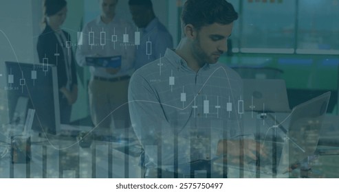 Image of financial data processing over diverse business people in office. Global finance, business, connections, computing and data processing concept digitally generated image.