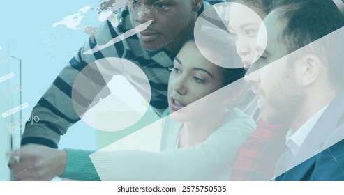Image of financial data processing over diverse business people in office. Global finance, business, connections, computing and data processing concept digitally generated image.