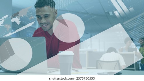 Image of financial data processing over diverse business people in office. Global finance, business, connections, computing and data processing concept digitally generated image.