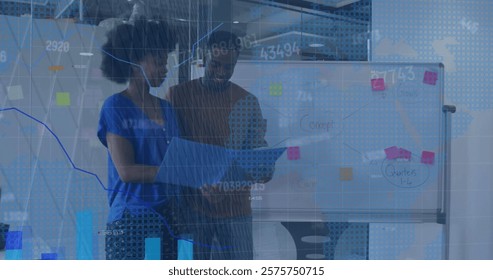Image of financial data processing over diverse business people in office. Global finance, business, connections, computing and data processing concept digitally generated image.