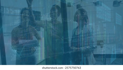 Image of financial data processing over diverse business people in office. Global finance, business, connections, computing and data processing concept digitally generated image.