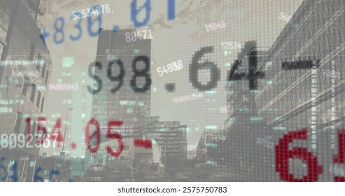 Image of financial data processing over cityscape. Global finance, business, connections, computing and data processing concept digitally generated image.