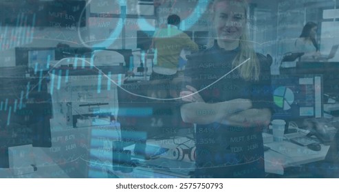 Image of financial data processing over caucasian businesswoman in office. Global finance, business, connections, computing and data processing concept digitally generated image.