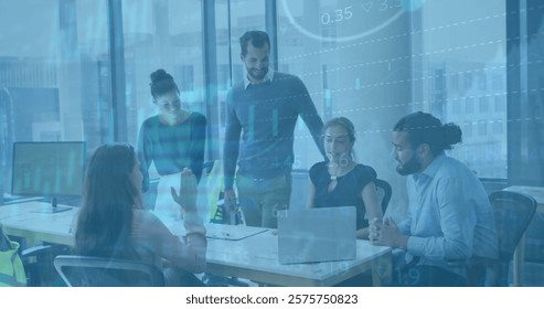 Image of financial data processing over diverse business people in office. Global finance, business, connections, computing and data processing concept digitally generated image.