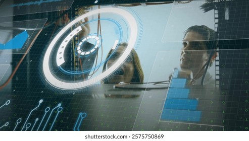 Image of financial data processing over diverse it engineers by computer servers. Global finance, business, connections, computing and data processing concept digitally generated image.
