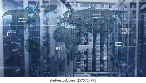 Image of financial data processing over computer servers. Global finance, business, connections, computing and data processing concept digitally generated image.